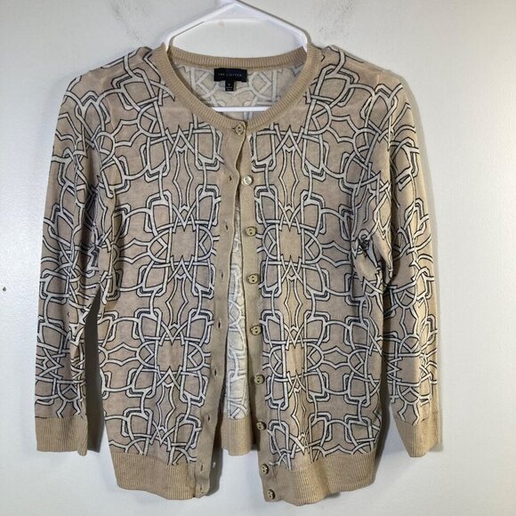 Womens The Limited Linen Blend Cropped Cardigan 3/4 Sleeve S Tan White Black Pat - Picture 1 of 9